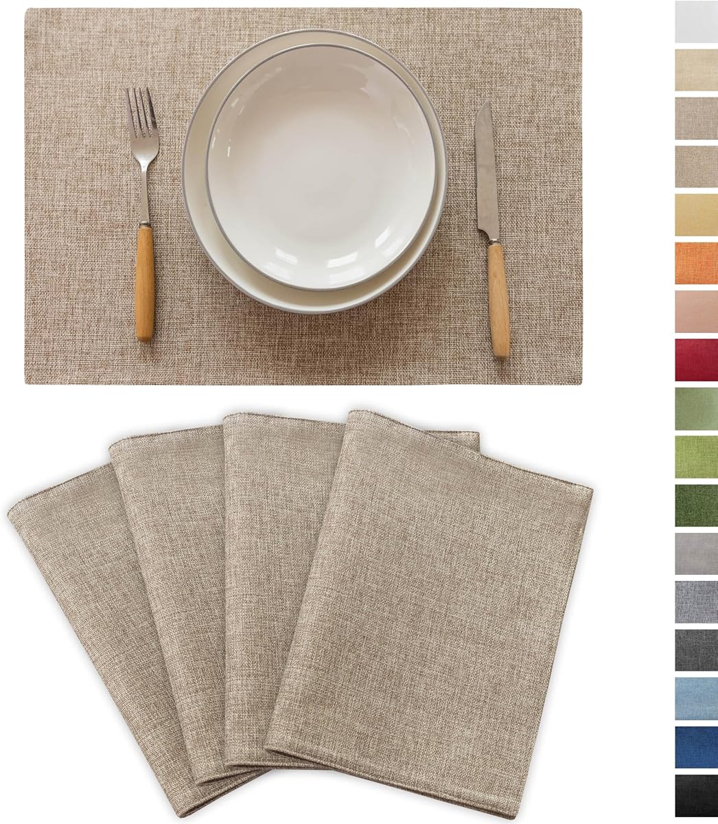 Demetex Linen Placemats Set of 4 Heat Resistant Cloth Place Mats Wipeable Fabric Placemats for Dining Table Indoor Restaurants, 13 x 19 inches, Linen