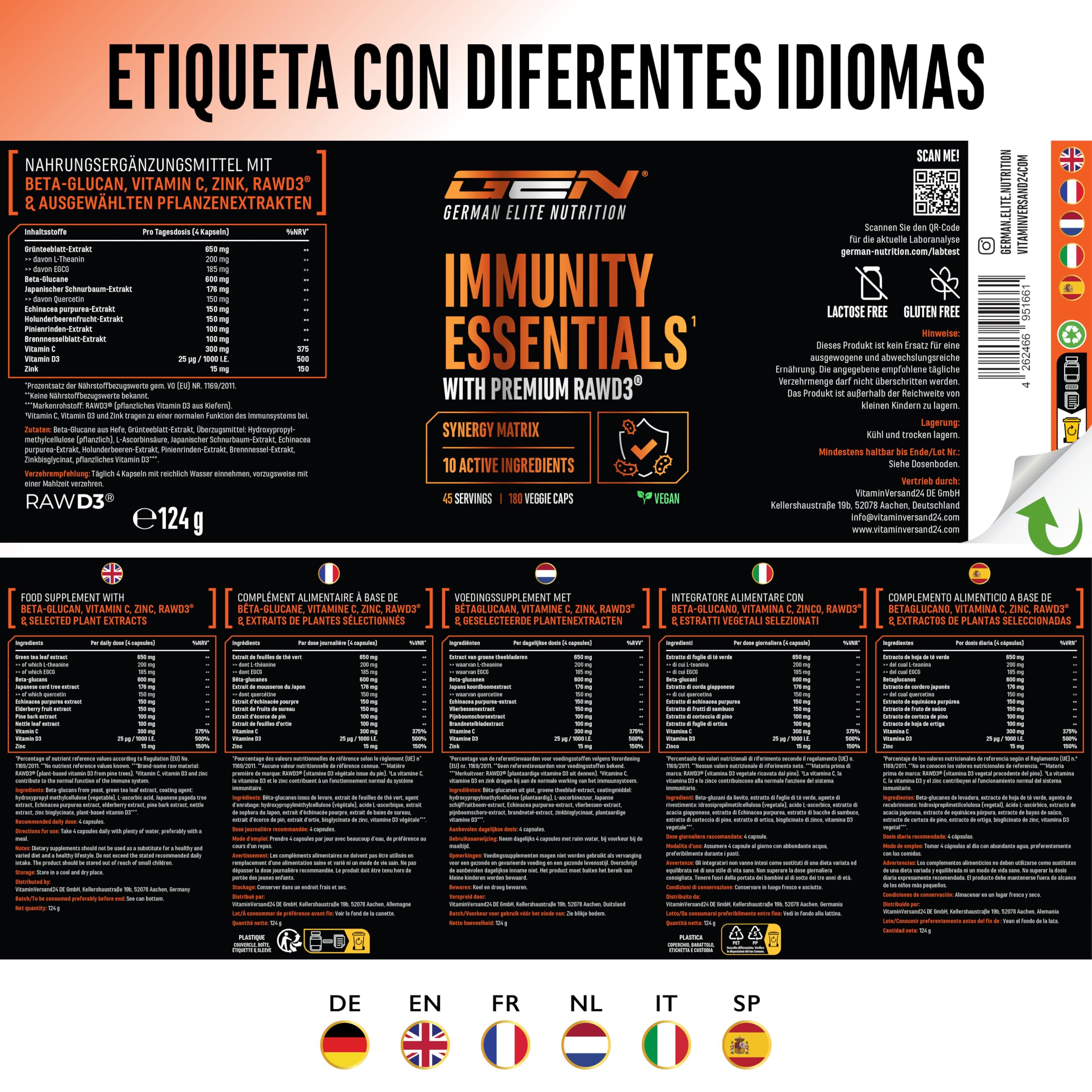 Immunity Essentials Complejo – 180 cápsulas con beta-glucano, vitamina C, D3 (RAWD3®), zinc, quercetina, equinácea, saúco y extractos vegetales – alta dosis, vegano