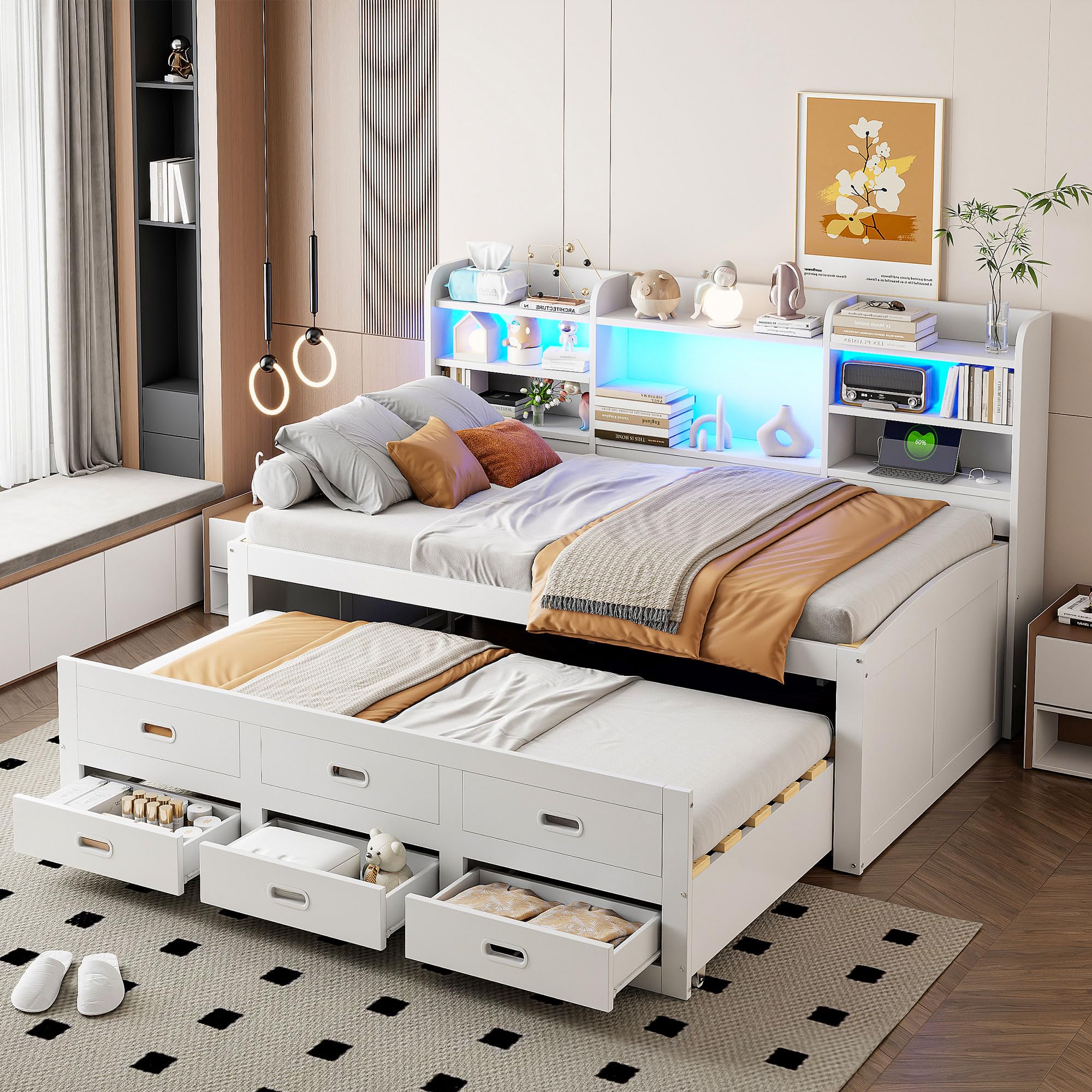 Moimhear Divano letto, telecomando a LED, 3 cassetti, ripiano comodino, letto estraibile multifunzione con USB+Type-c, senza materasso, bianco (90 x 200 cm)