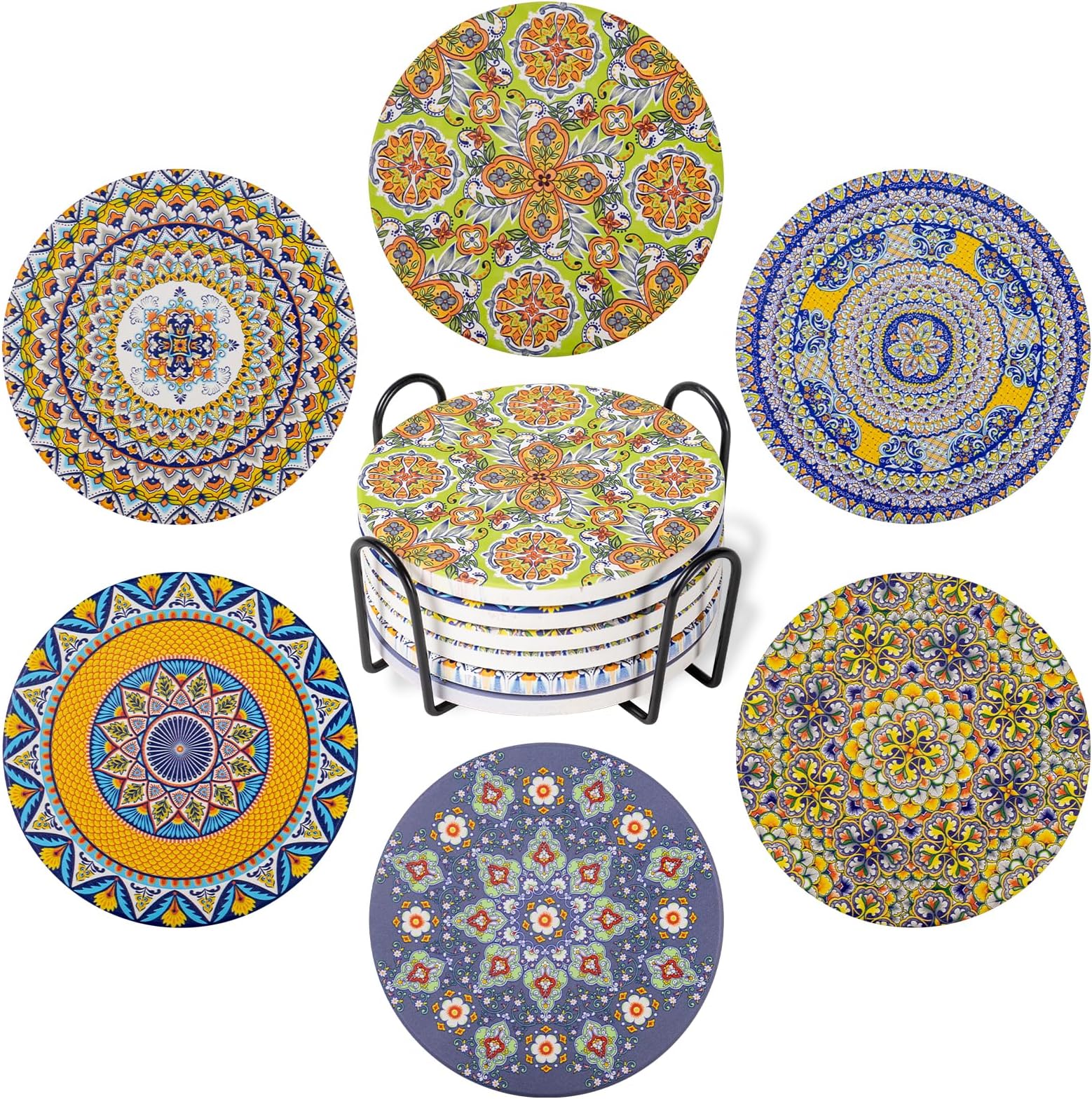 HENXFEN LEAD Coasters with Holder Ceramic, Drink Coasters Table Coasters in Colourful for Drinks Wine Glasses Vases, Pack of 6 - Bohemian Style