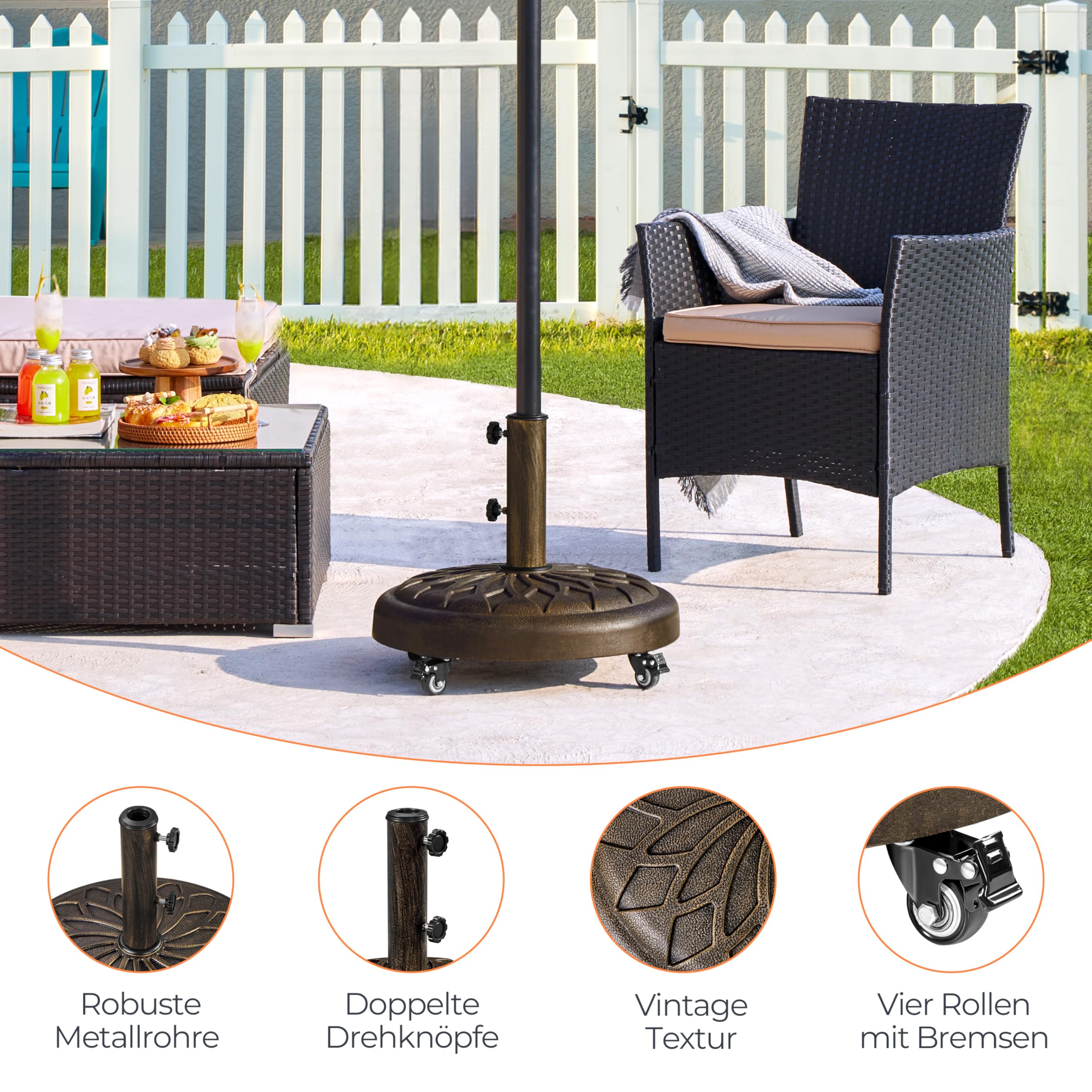 Yaheetech 24,7 kg Sonnenschirmständer mit Rollen ø50,6 cm Schirmständer Sonnenschirm Stabiler Schirmhalter für Schirmstangen von 34/38/48 mm für Garten/Balkon/Strand, Bronze