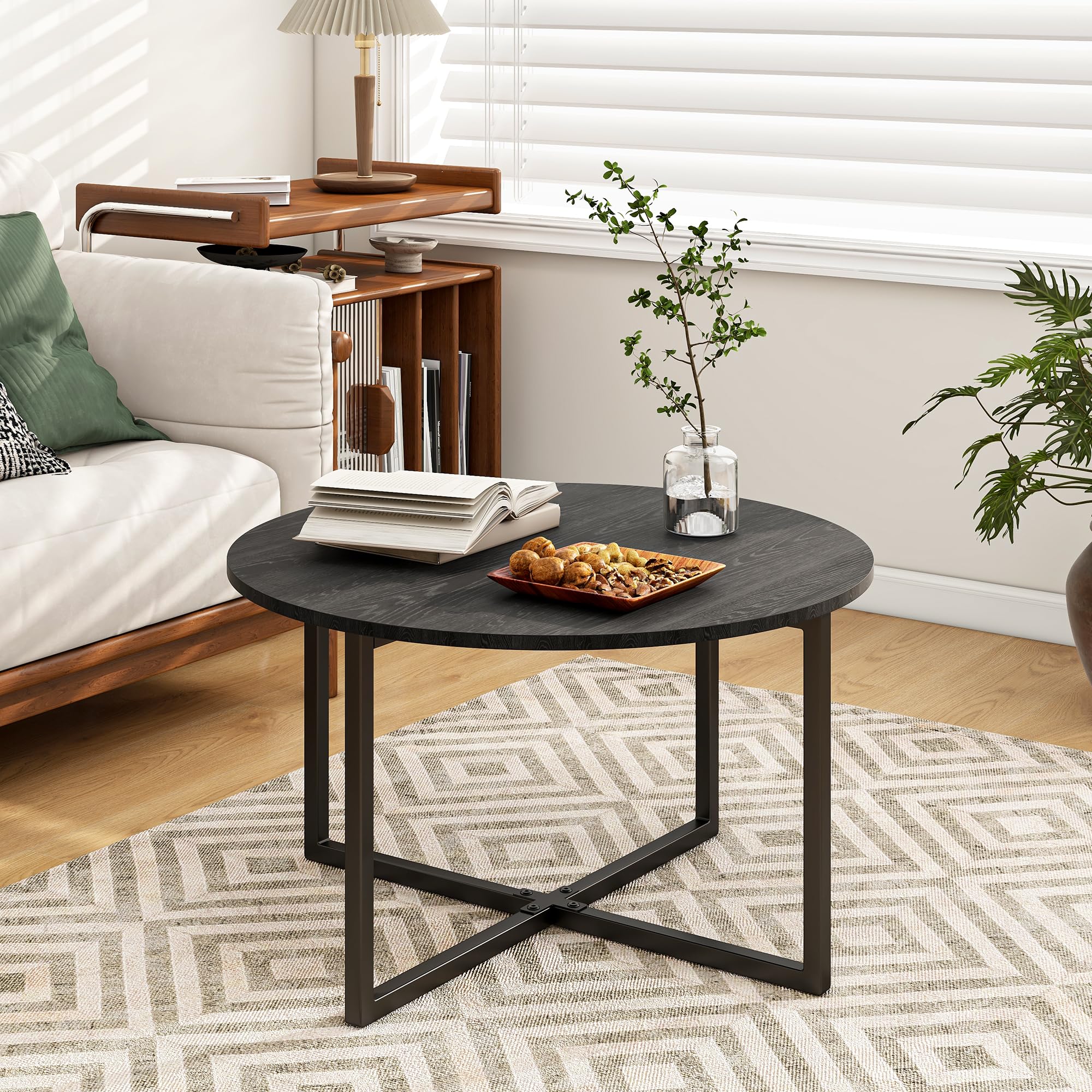 BOFENG Round Coffee Table Tea Table End Table Sofa Table for Living Room with Metal Legs,Black+Black
