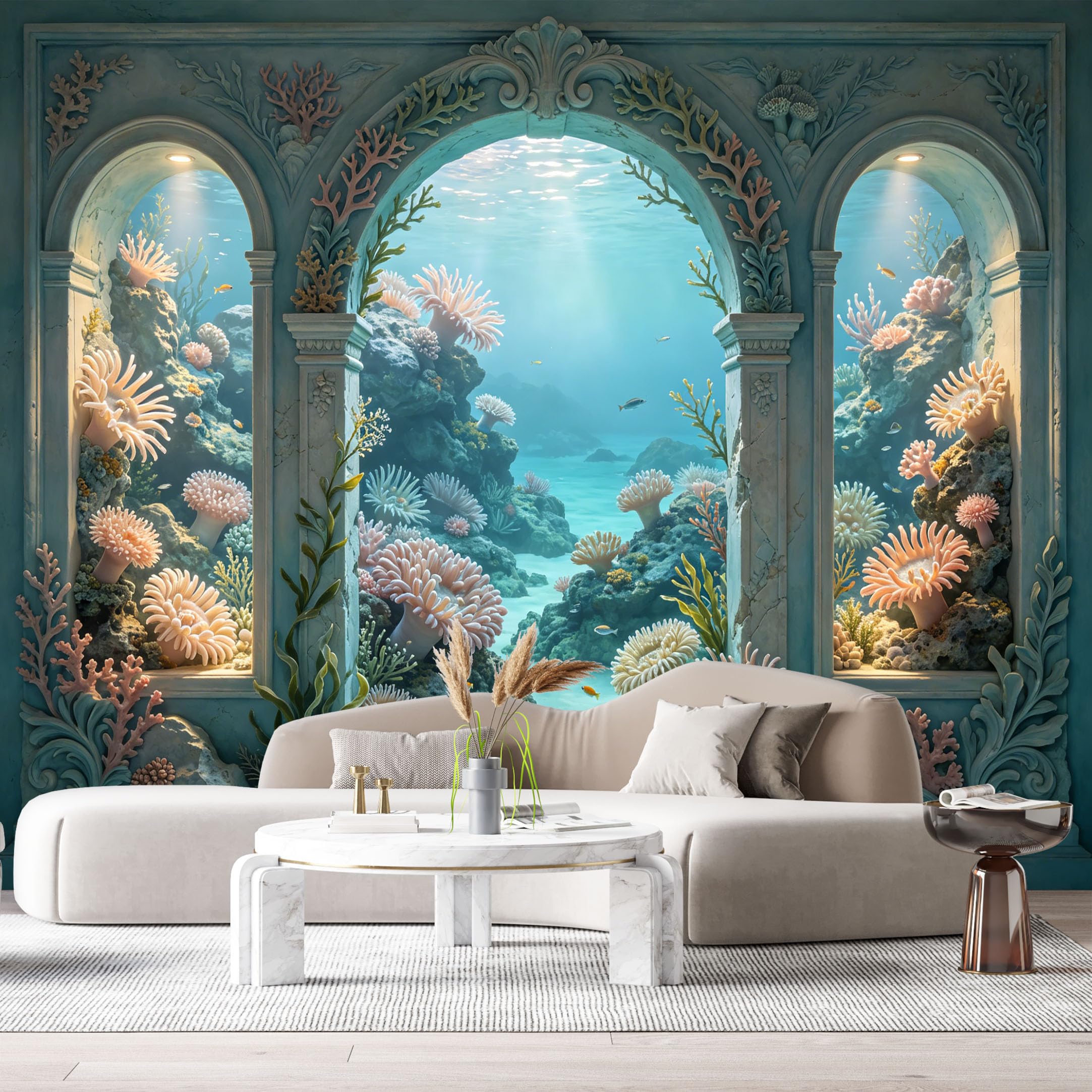 Custom Size Wall Murals Ocean Marine Coral Reef Archway 3D Trompe L'Oeil SelfAdhesiveWall Fabric Removable Wallpaper Wall Decor for Living Room Bedroom Bathroom