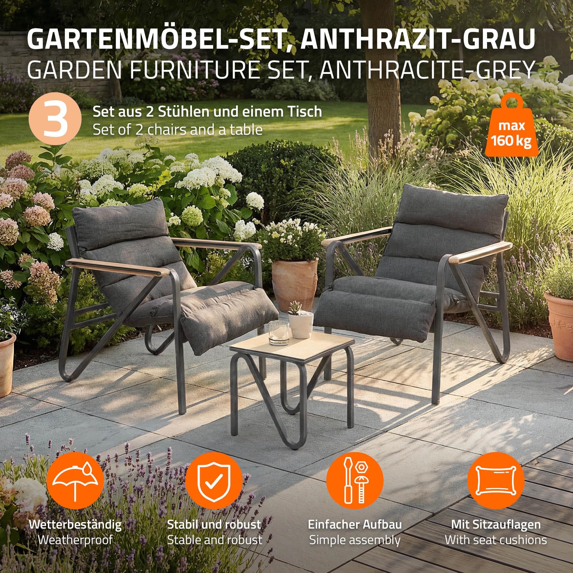 ML-Design Set Mobili da Giardino 3 Pezzi, Set Bistrot da Esterno in Acciaio, Grigio - Antracite, Include 2 Sedie con Cuscini e 1 Tavolo, Set Lounge per Terrazza e Balcone, Resistente alle Intemperie