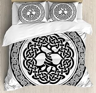 Ambesonne Celtic Duvet Cover Set, Native Celtic Tree of Life Ireland Early Renaissance Modern Design, Decorative 3 Piece Bedding Set with 2 Pillow Shams, Queen Size, Black White