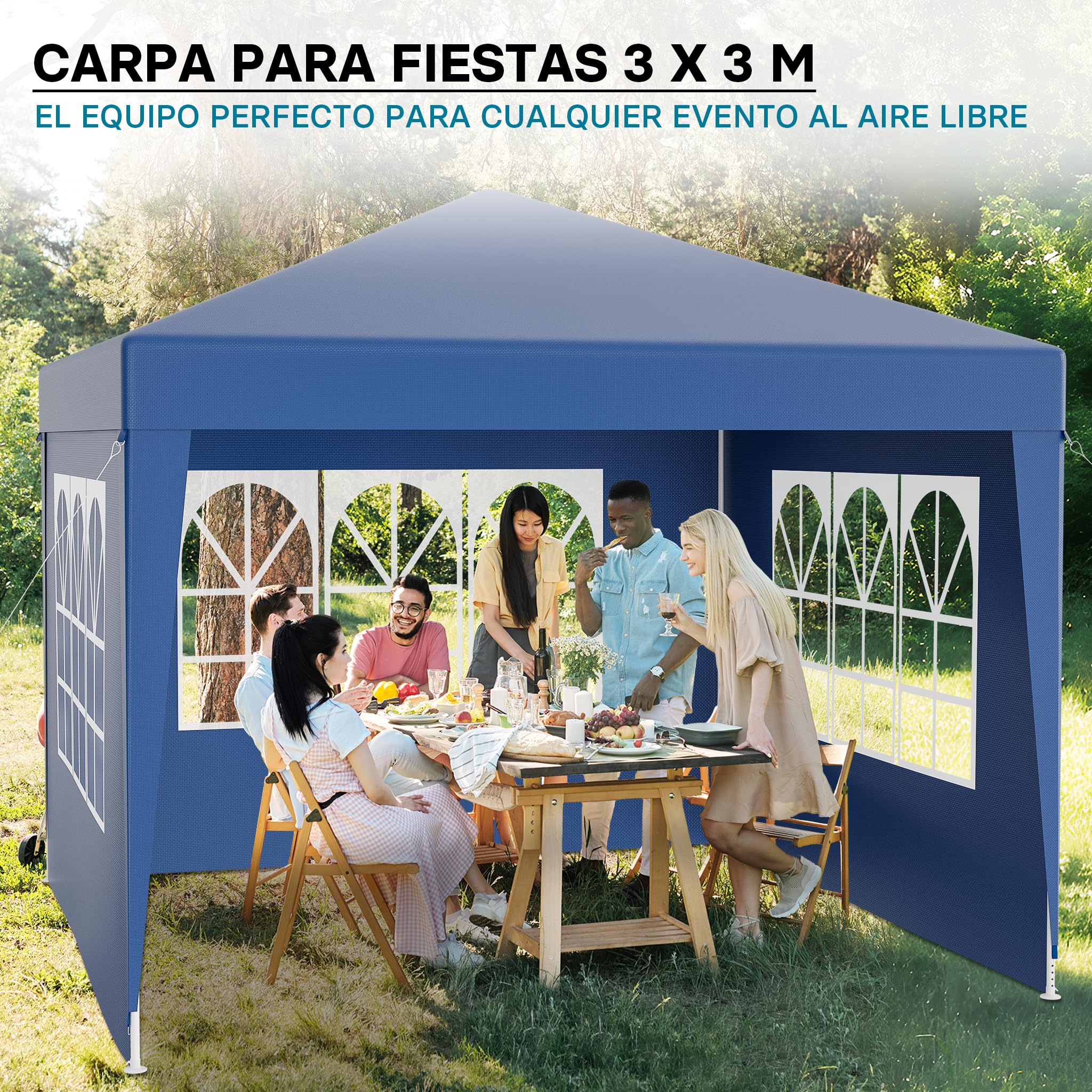 Wiltec Carpa de jardín 3 x 3 m Azul con protección UV 50+, Gazebo con Laterales enrollables, pabellón para Fiestas con Ventanas, Ideal para terrazas y Festivales