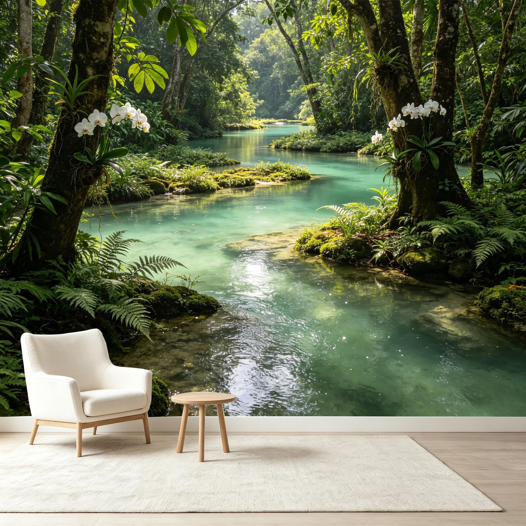 Custom Size Wall Murals Tropical Rainforest Landscape Orchid River Stream Self-Adhesive Wall Fabric Removable Wallpaper Wall Decor for Living Room Bedroom Bathroom