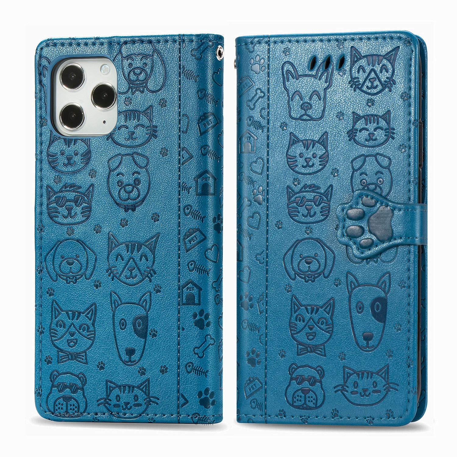 JIUNINE Cover iPhone 12/12 Pro, Custodia Libro in Pelle Portafoglio Flip Case Antiurto con Modello di Cane e Gatto [Porta Carte] [Magnetica] [Interno TPU] per iPhone 12/12 Pro, Blu