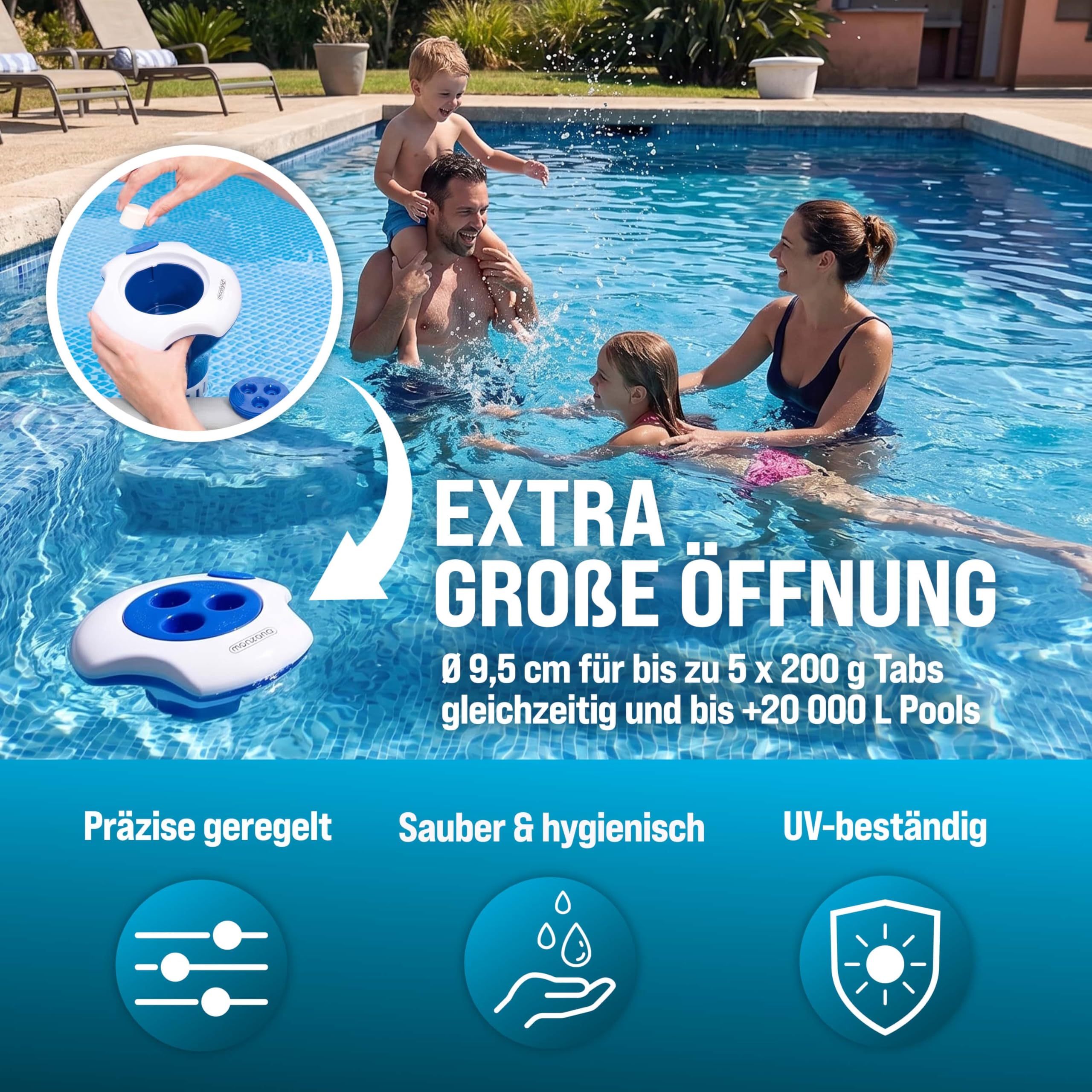 MONZANA® Dosierschwimmer Pool für 20-200g Tabletten inklusive 150 3in1 Teststreifen Klein Groß UV- Resistent Chlor Schwimmer Dosierer mit Thermometer