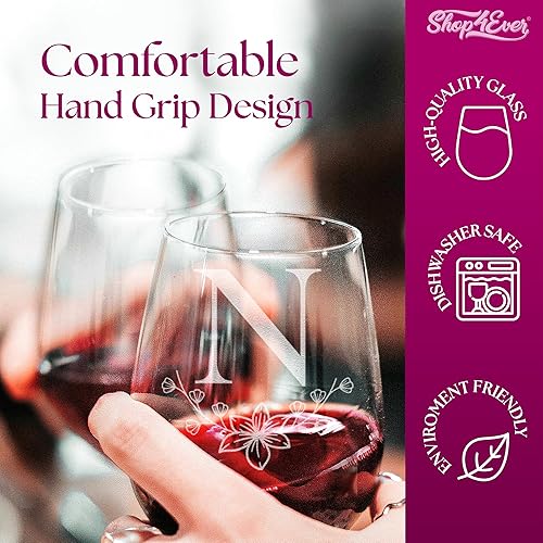 Miniatura 76 de Copa de vino con monograma floral grabada con letra inicial sin tallo, 15 onzas, regalo personalizado con monograma personalizado (A)