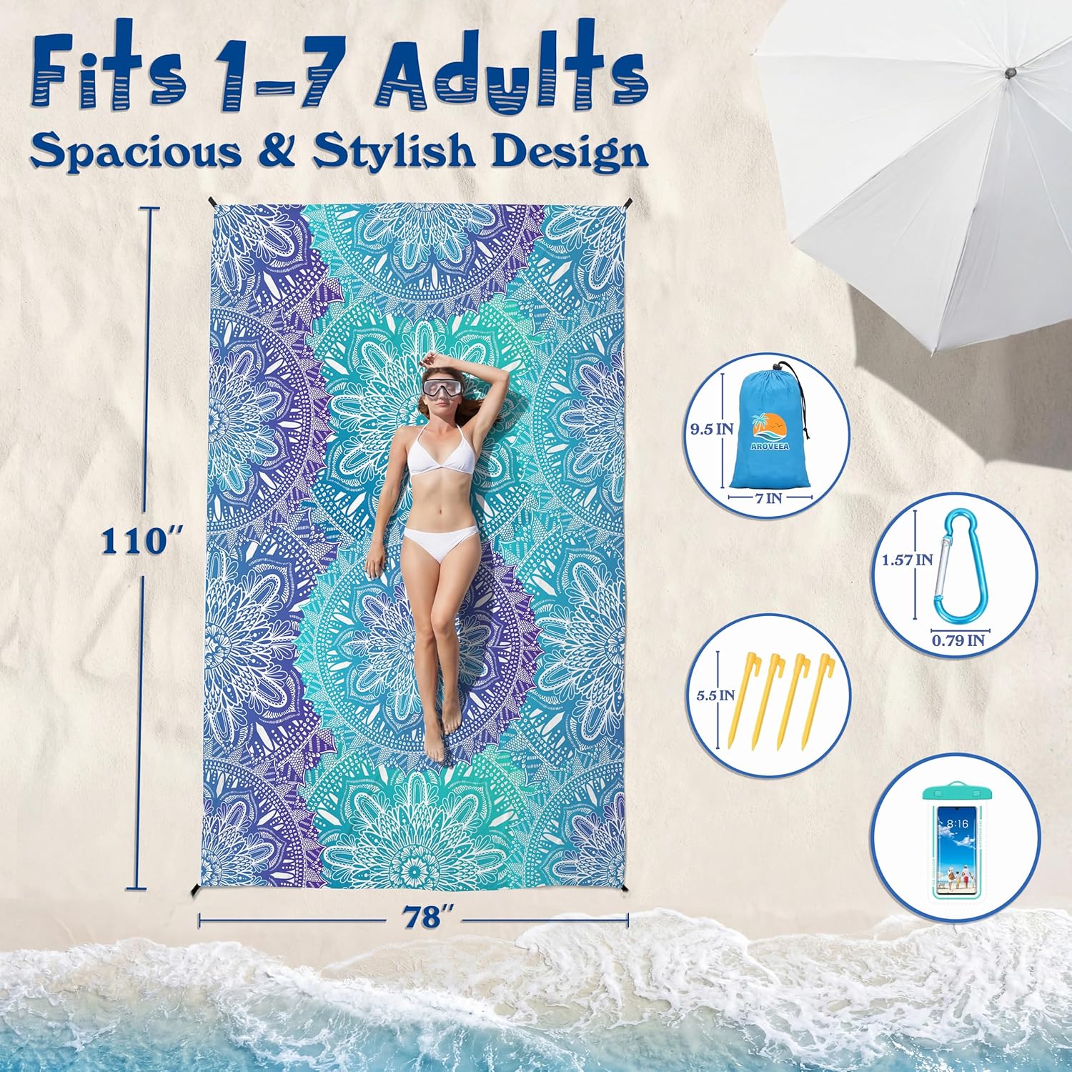 Aroveea Beach Blanket Waterproof Sandproof 1-7 Adult Oversized 78'' × 110'' Lightweight Durable Compact Sand Free Beach Mat for Travel Camping Hiking Picnic Blanket Extra Large