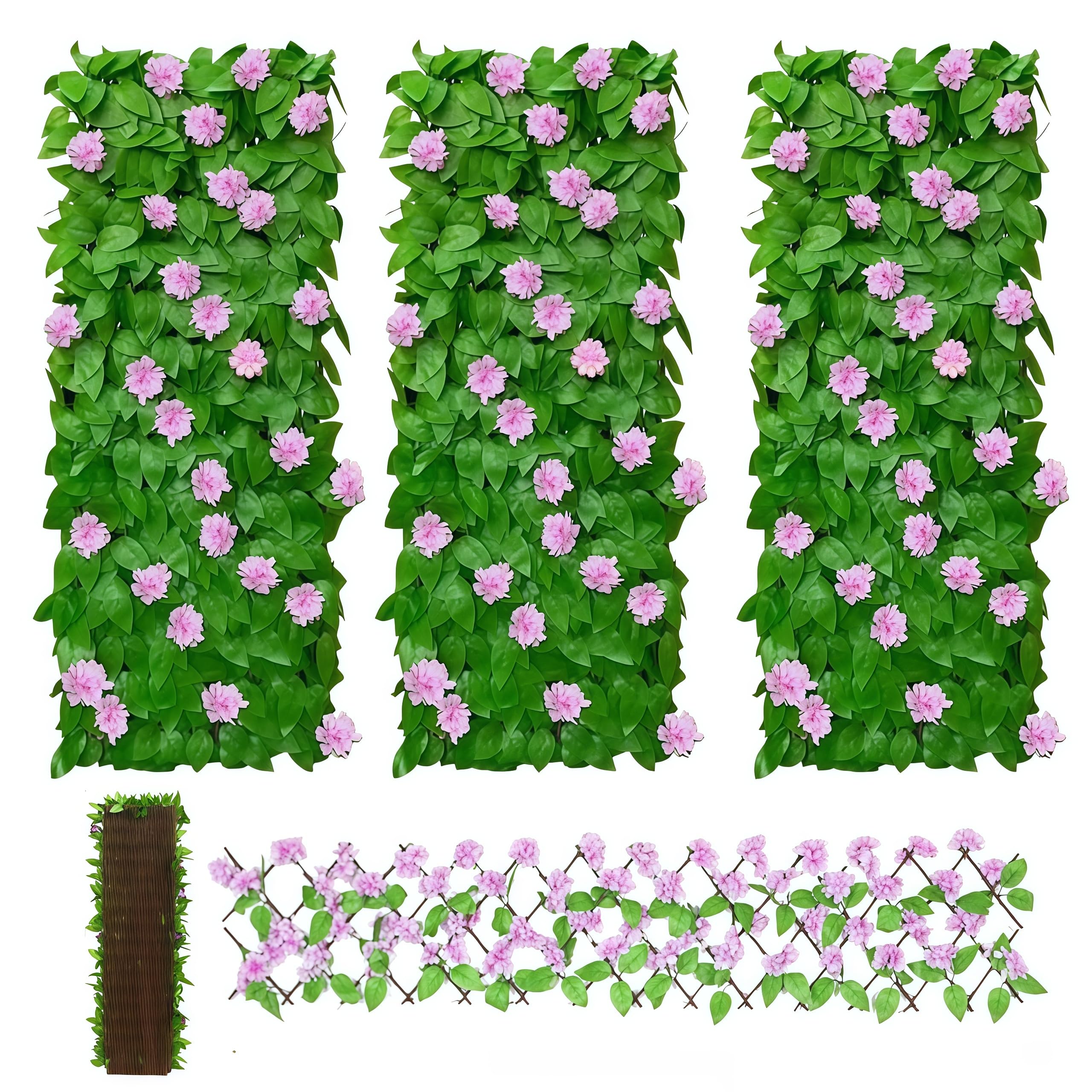 Artificial Ivy and Violet Flower Fence Screening,Expanding Garden Trellis Panels for Balcony Patio Outdoor,Decorative Faux Ivy Fencing Panel,Artificial Hedges 40x200cm- Expanded (B, 3PCS)