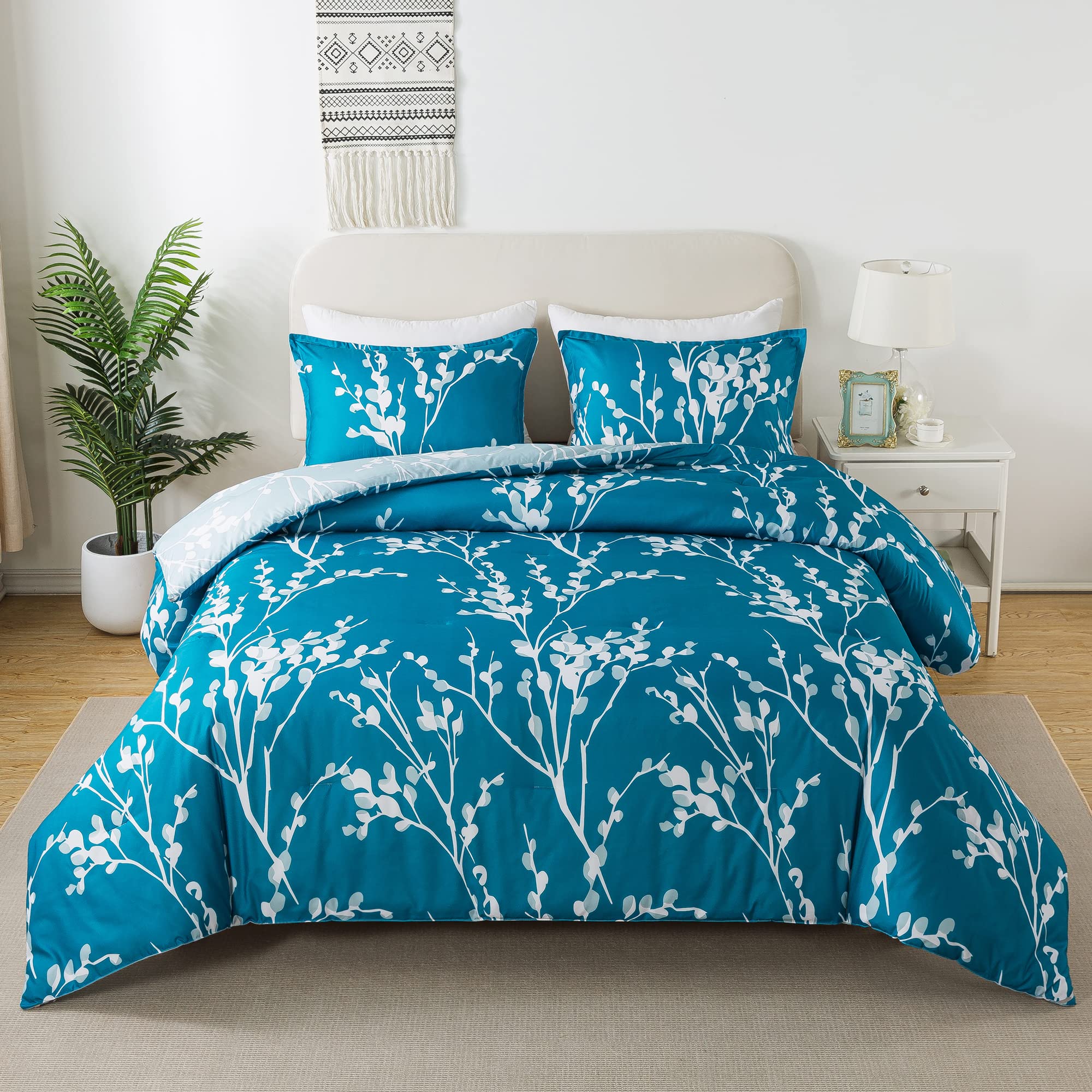 Andency Teal Branches Comforter Set Full Size (79x90 Inch) - Reversible Flower Plum Blossom Bed Set 3 Pieces Bed in a Bag Soft Lightweight Microfiber Comforter Bedding Set