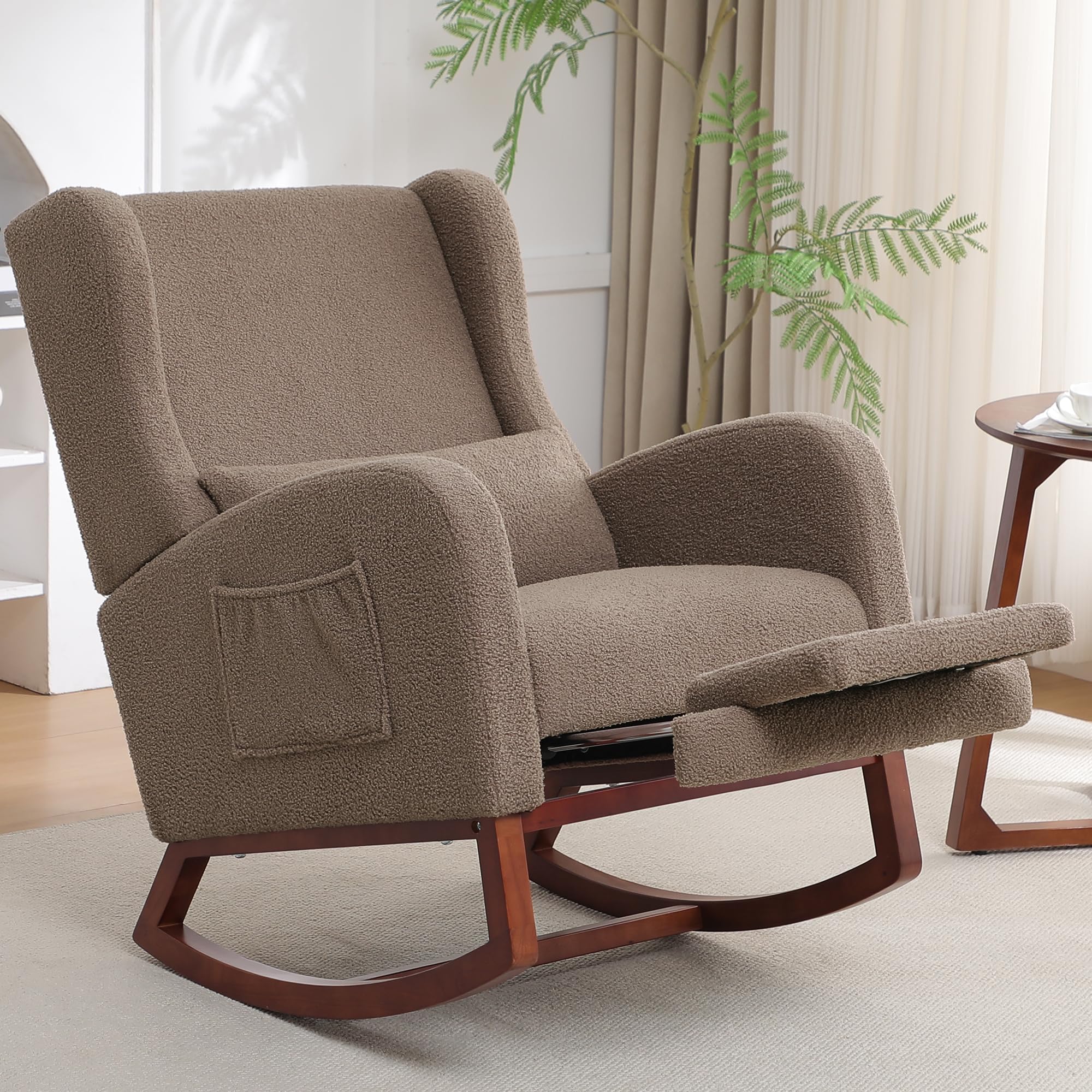 HCHAIRH Rocking Chair with Foot Rest, Teddy Wingback Nursery Rocking Chairs, Nursing Glider Rocker Chair with Pillow and High Back for Nursery, Living Room, Bedroom，Coffee
