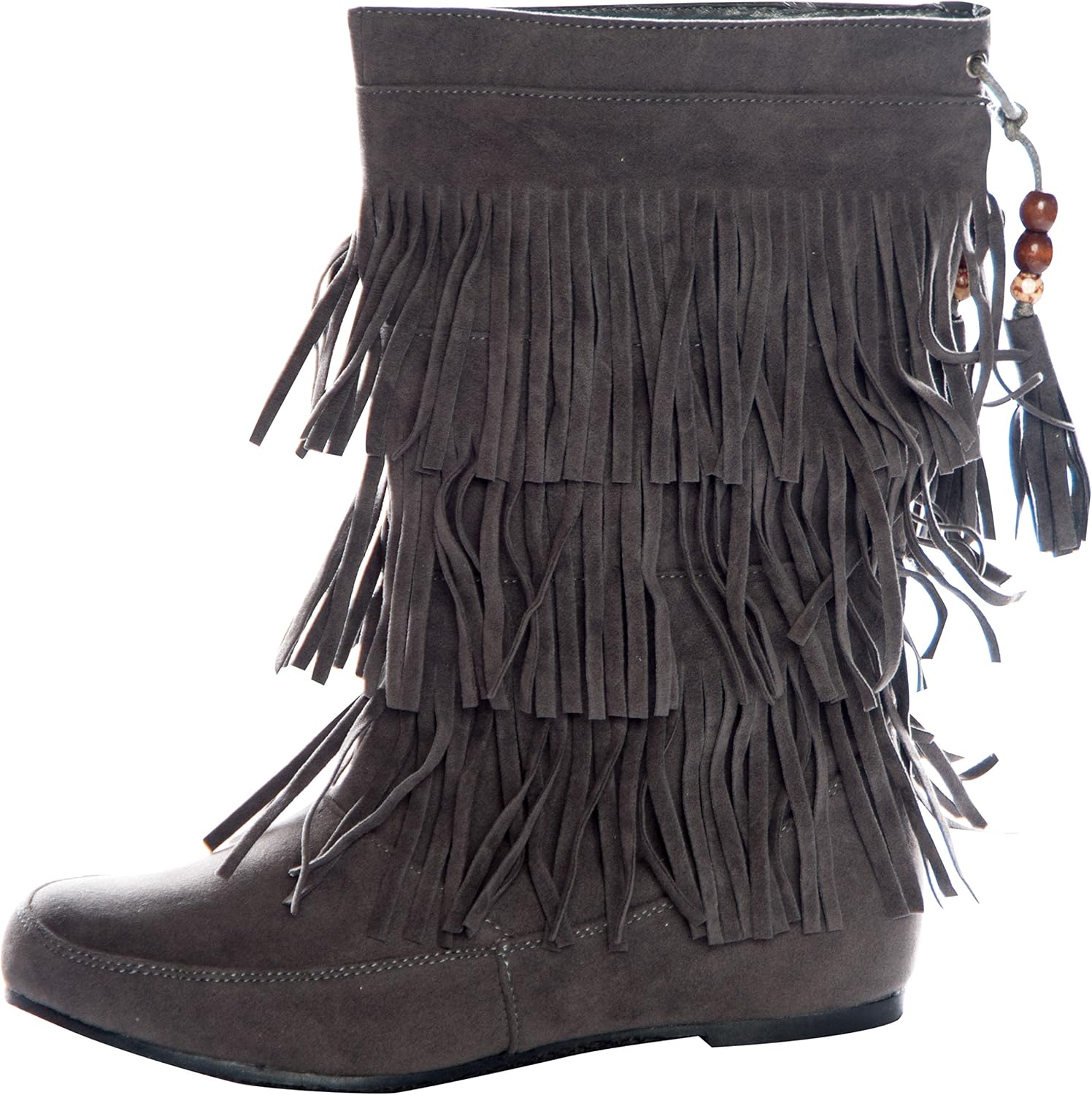 La Bella Fashion Women's Faux Suede Fringe Moccasin Beaded Tassle Mid Calf Boots Black, Camel. Brown, Gray, Red, Pink
