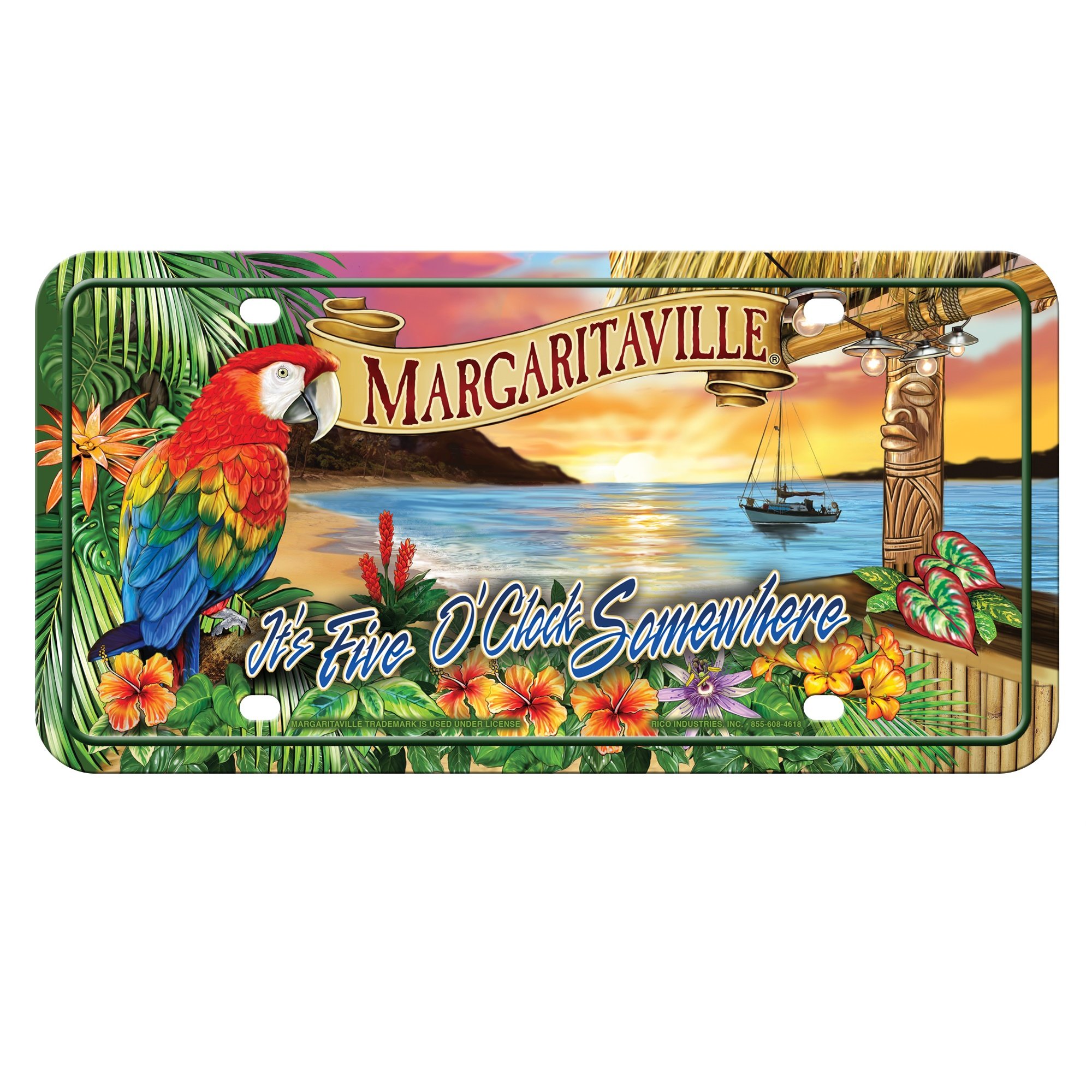 Rico Industries MTG111128C 5 O'clock Margaritaville Metal License Plate Tag,Blue, Red, Green, Tan,12"/6"