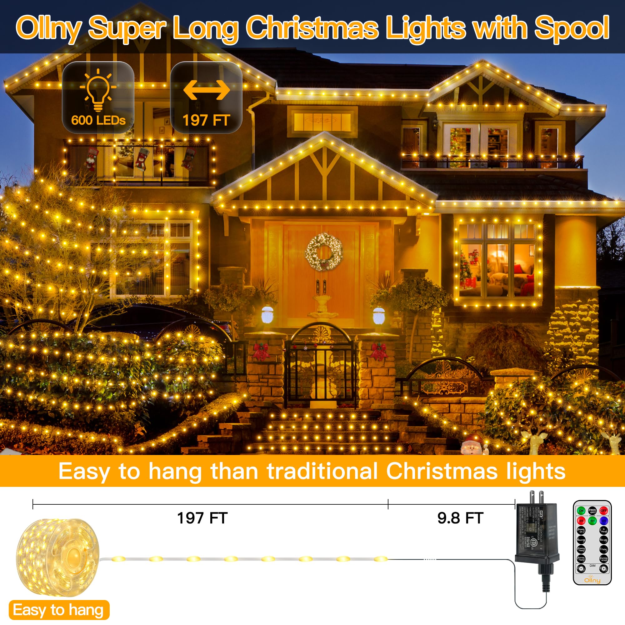 Ollny Christmas Lights Warm White, 600LED 197FT Christmas Tree Lights IP67 Waterproof, Plug in Fairy Lights with Remote 8 Modes Timer, Xmas Light for Outdoor Indoor House Holiday Decor