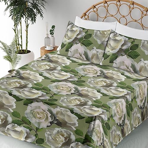 Miniatura 5 de Ambesonne Juego de sábanas florales románticas inocentes con pétalos inspirados en el jardín inglés, sábana bajera y sábana encimera con fundas de