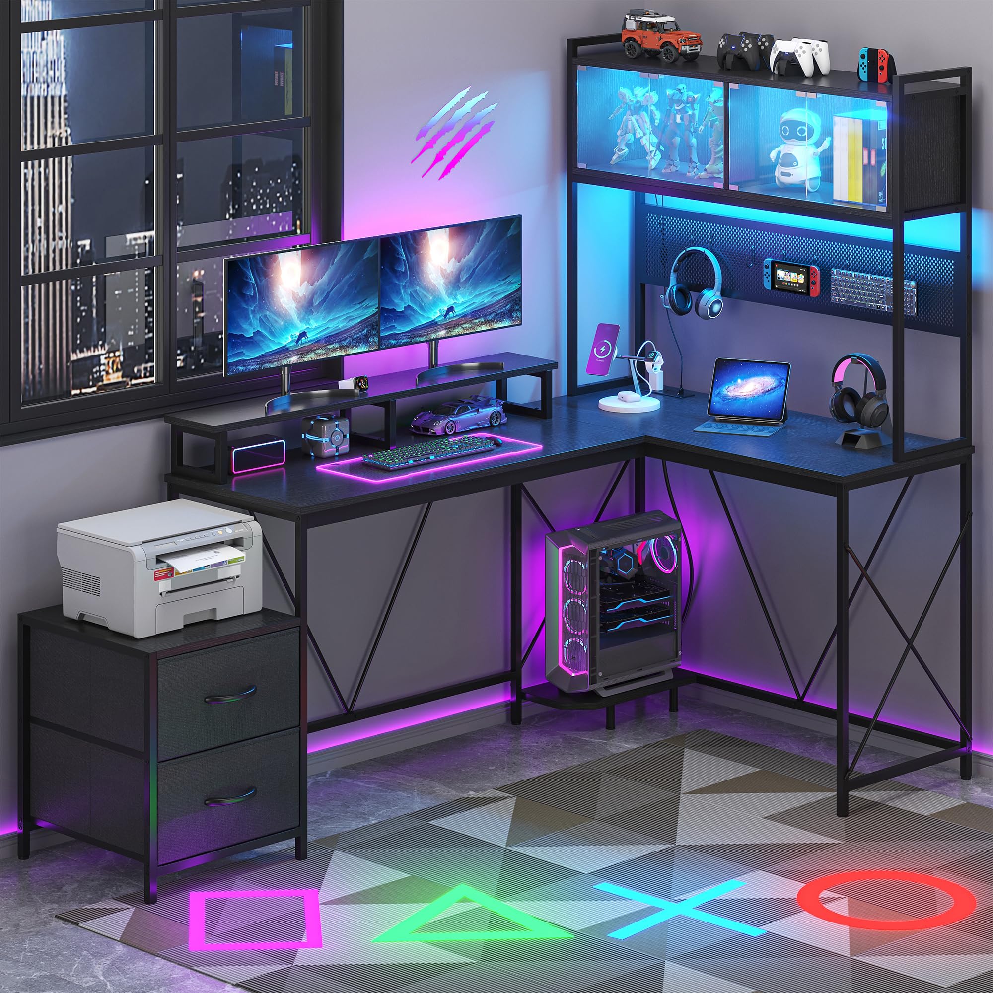 kepptory L Shaped Gaming Desk with DIY Pegboard, Home Office Computer Desk with Raised Display Stand, 2 Drawers and LED Glass Cabinets, Corner Desk