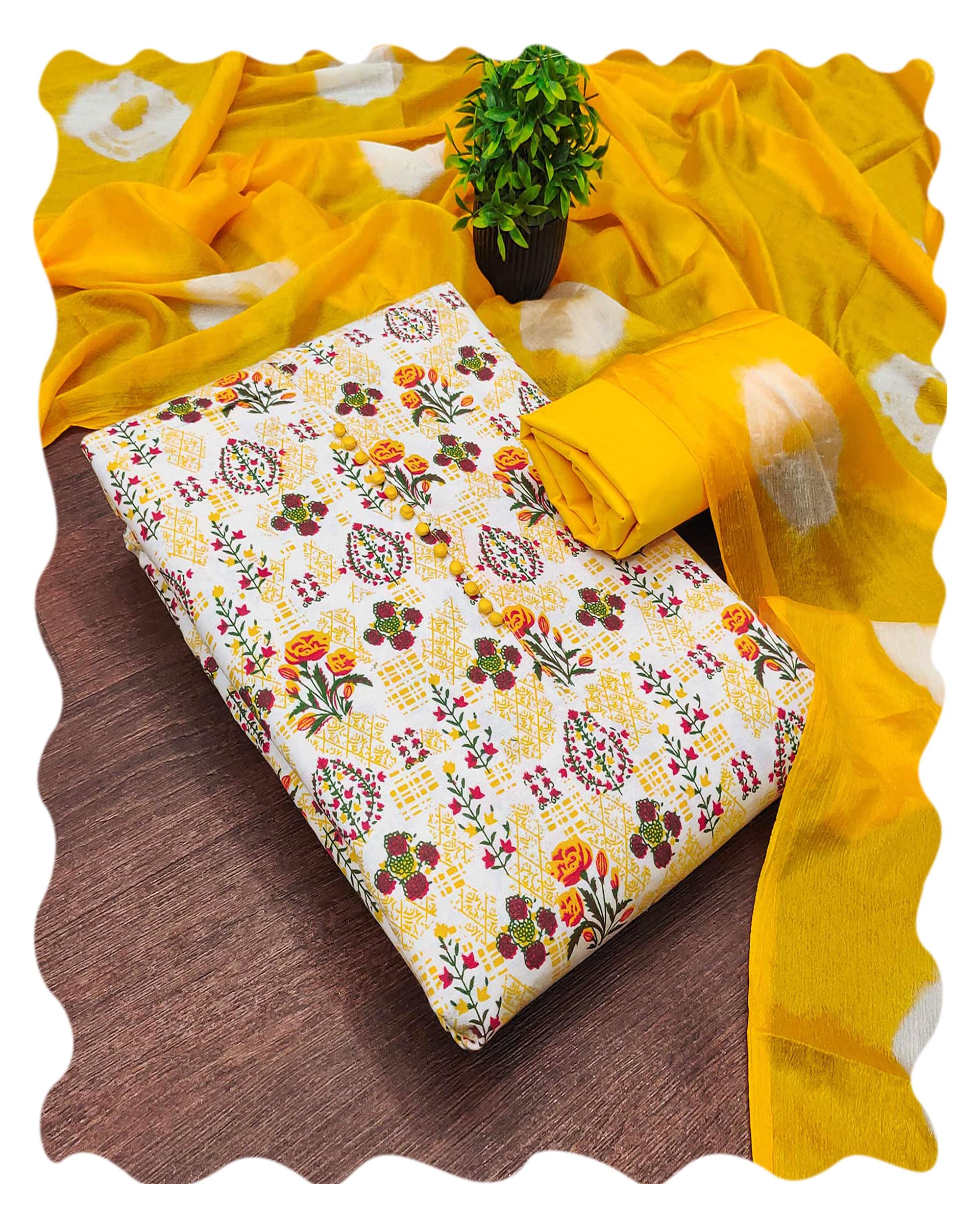 Women's Floral Print & Weaving Cotton Unstitched Dress Material | Stylish Ethnic Casual Wear Ladies Latest 3 Piece Kurti Pant Dupatta Fabric Salwar Suit Sets for Women Free Size-image-9