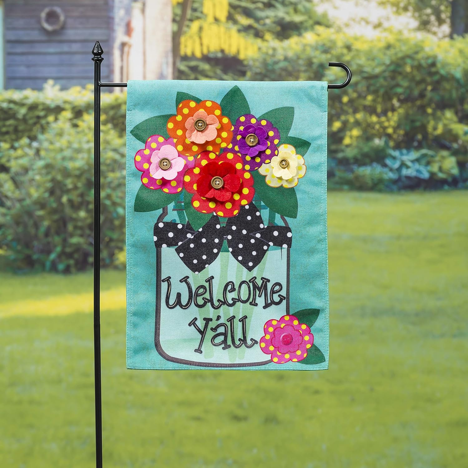 Evergreen Flag Indoor Outdoor Welcome Y'all Bundle Set of 4 - Garden Flag stand and Flag, Sassafras Doormat Frame and Sassafras Insert