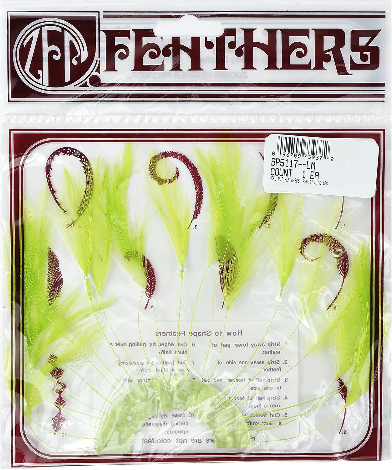 ZUCKER 1pc Half Plate Stripped Rooster Hackle Feather Pad - Beaded Millinery Hat Feather Fascinator Craft Supply - Lime Green