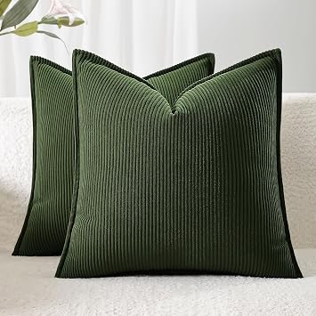 Corduroy Throw Pillow Covers 18x18 Set of 2 Boho Decorative Pillow Covers for Couch, Sofa, Bed Soft Square Cushion Covers for Living Room Decor No Insert Dark Green