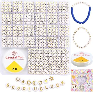1250 PCS Letter Beads Kit with Elastic Cord – Alphabet A–Z, Numbers, Heart, Moon, Star, Smiley Beads for Friendship Bracelets & DIY Jewelry (White Beats & Golden Letters)