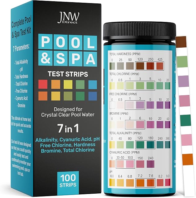 Pool & Hot Tub Test Strips 100 Pack - Spa & Pool Test Strips, 7-1 Spa Test Strips, 100 Bromine, pH, Hardness & Chlorine Test Strips, with Ebook - JNW Direct