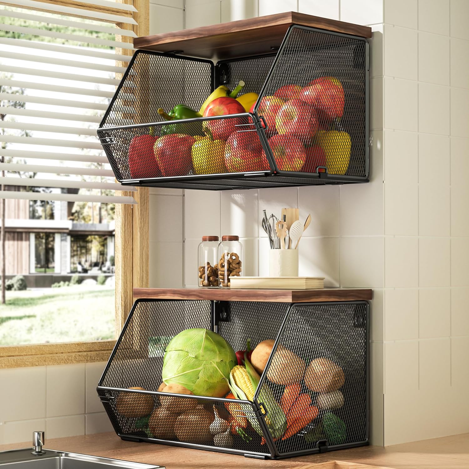2-Pack Stackable Wall-Mounted Fruit Baskets with Wood Lids