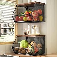 Vista 11 de Stackable Fruit Basket for Kitchen Countertop Space Saving, Wall Mounted Mesh Metal Wire Basket with Wood Lid Extra Storage, 2 Pack Kitchen Counter