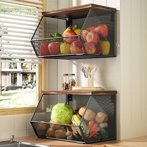 Cesta colgante de frutas con tapa de madera, paquete de 2 organizadores apilables para encimera de cocina, almacenamiento de cebollas y papas, cesta