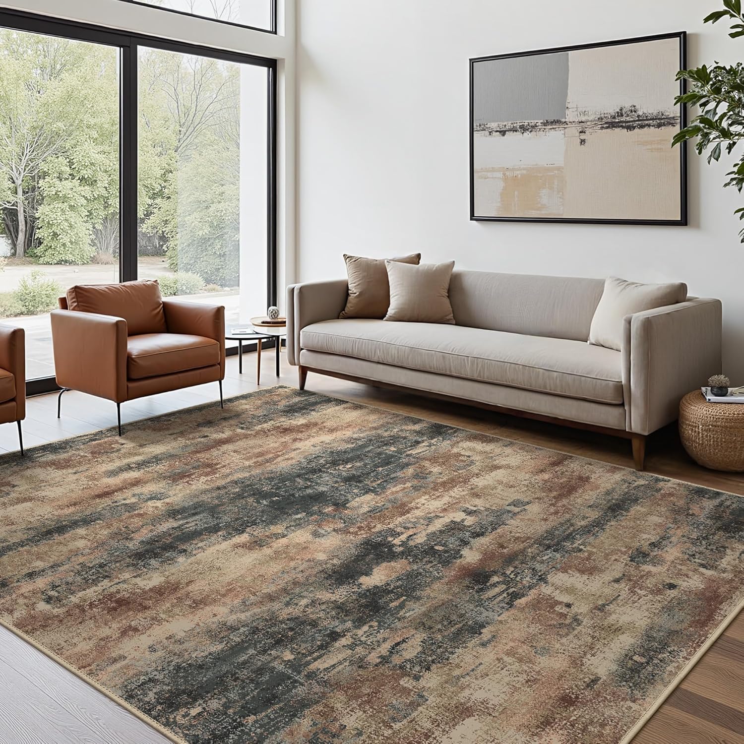 Area Rugs 9x12 for Living Room Bedroom, Modern Abstract Machine Washable Rug, Large Soft Low Pile Floor Cover with Non Slip Backing for Dining Room, Stone Rust