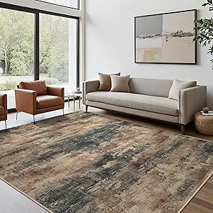 Area Rugs 9x12 for Living Room Bedroom, Modern Abstract Machine Washable Rug, Large Soft Low Pile Floor Cover with Non Slip Backing for Dining Room, Stone Rust