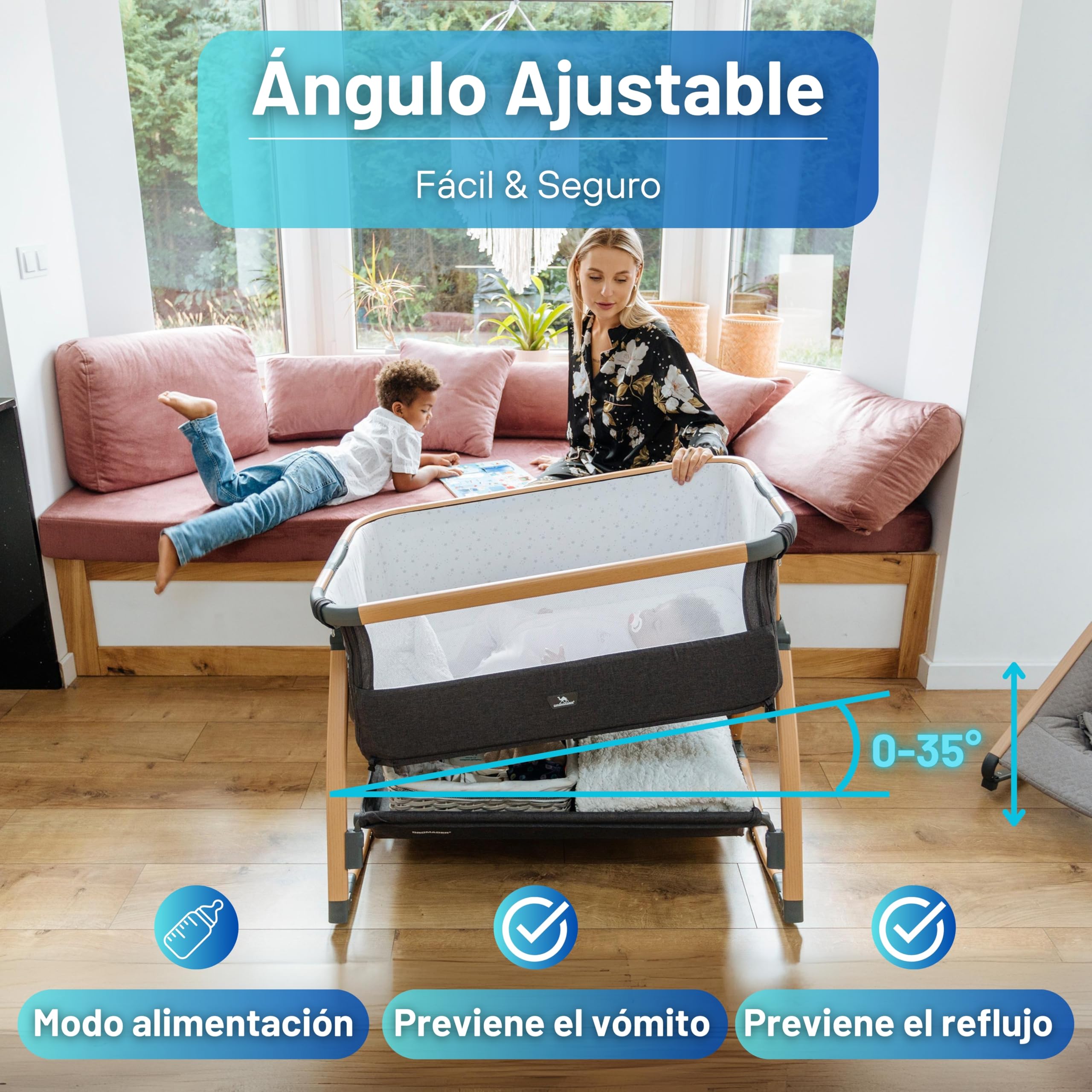 DROMADER Cuna Colecho Bebe – 0-6 Meses - Cuna Portátil con Ruedas - Malla Transpirable - Colchón Cómodo Incluido - 7 Alturas Ajustables - Función Balanceo - Gris