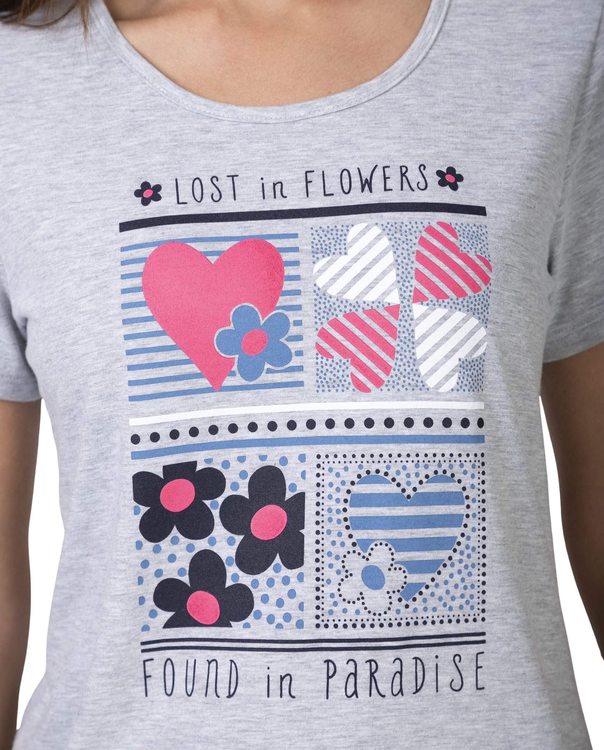 MASSANA Pijama de Mujer P261220, Manga Corta y Pantalón Pirata, Estampado Corazones y Flores, Algodón, Verano