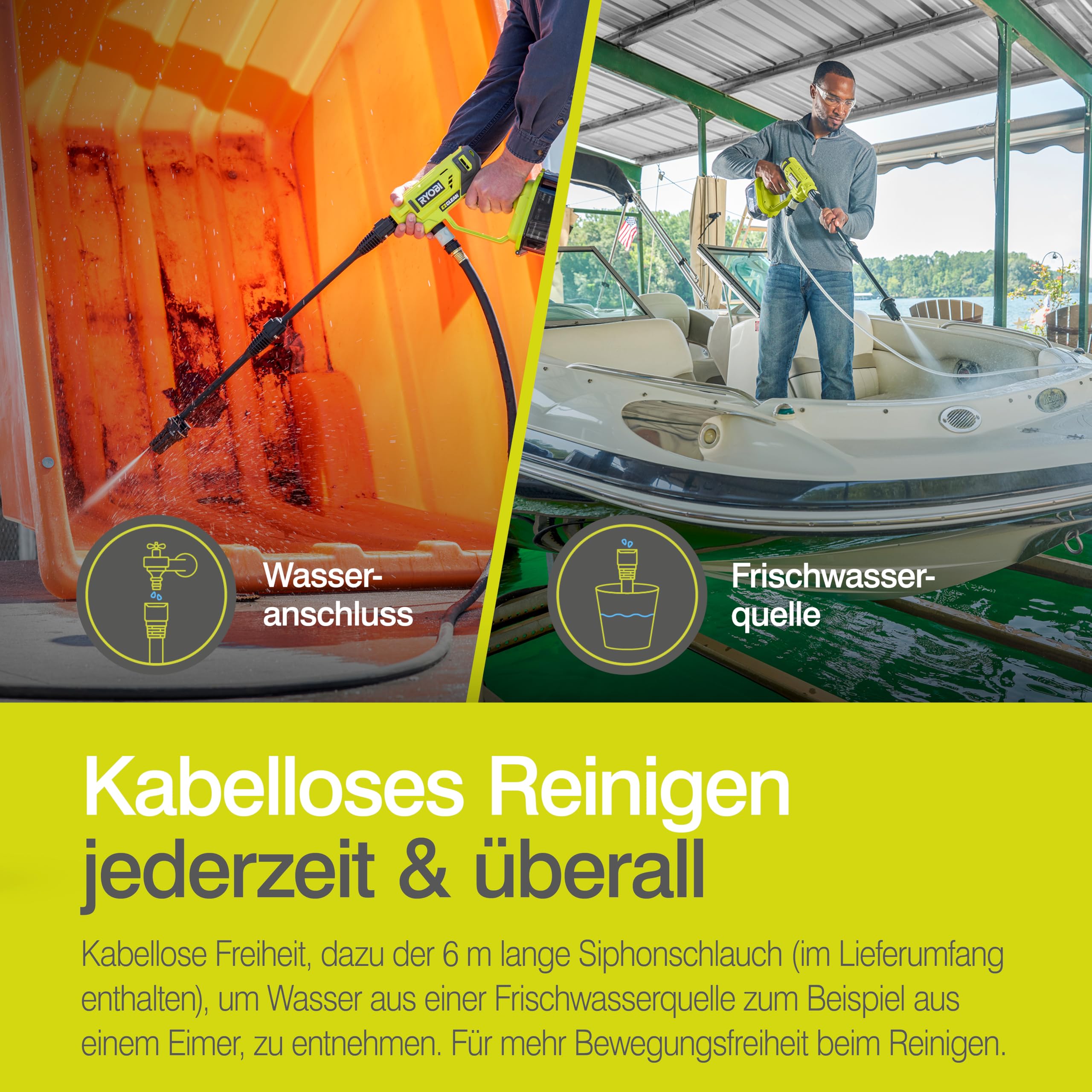 RYOBI 18 V ONE+ Akku-Mitteldruckreiniger RY18PW22A-0, 3in1 Düse