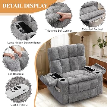Korser Oversized Dual Motor Power Lift Recliner Chair for Elderly with Massage & Heat, Extra Wide Lift Chair with Adjustable Headrest, Electric Recliner with Storebox, Cupholder, USB, Type C, Grey