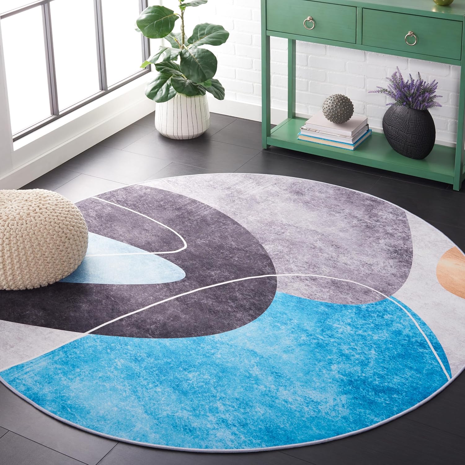 SAFAVIEH Washable Rug Tacoma Collection - 6' Round, Dark Grey & Turquoise, Slip Resistant & Easy to Clean, Ideal for Living Room, Bedroom, Home Office, Dining Space (TAC837G)