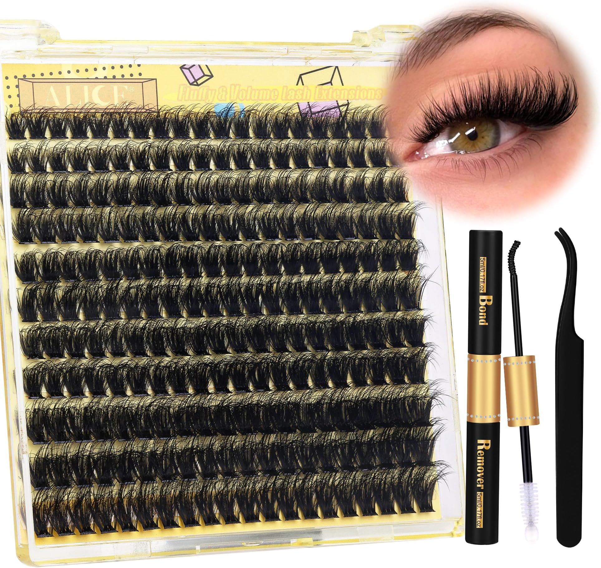 ALICE Lash Clusters Kit Fluffy Volume Lash Extension Kit 3D Wispy Natural DIY Eyelash Extension Kit with 220Pcs Individual Lashes, Lash Bond and Remover,Tweezers(10-16mm,0.05D, D Curl)