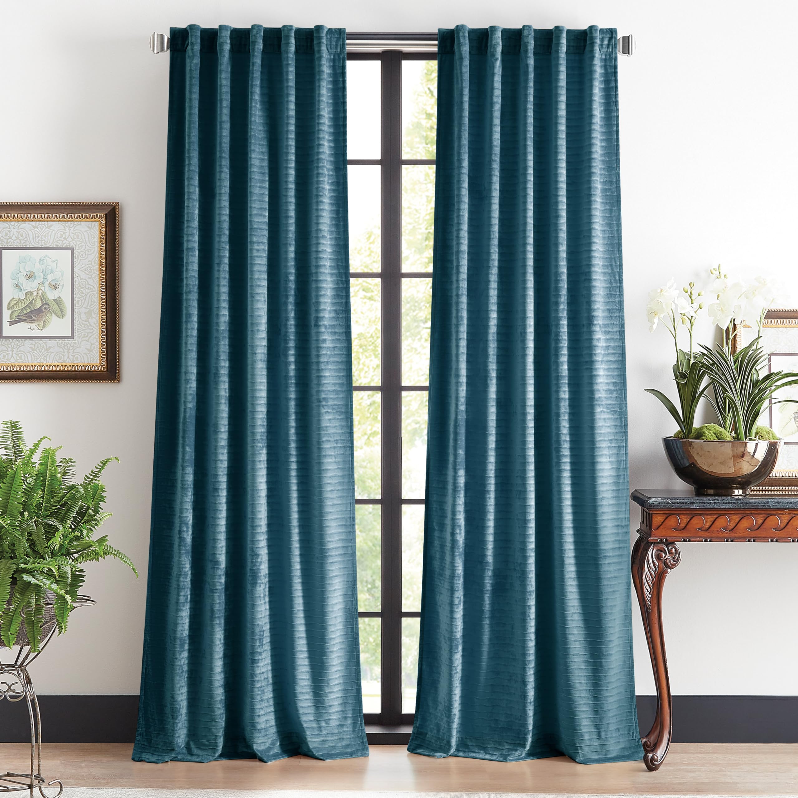 Martha Stewart Velvet Curtains Room Darkening Wave Embossed Rod Pocket/Back Tab Window Curtain Panel Pair, 95", Blue