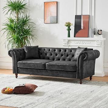 KEIKI 83 Luxury Chesterfield Leather Sofa, Mid Century Modern 3 Seater Couch w/Roll Armrest, Comfy Sleeper Cloud Couches SofaBed for Office, Apartment Living Room & Bedroom, Easy Assembly, Black
