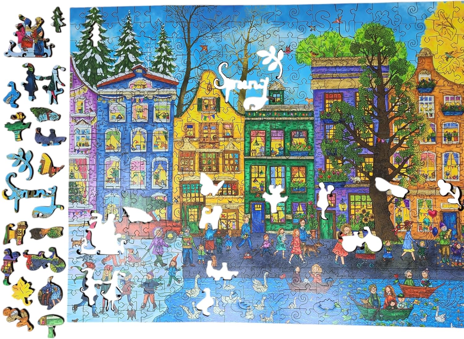 Wooden Puzzle for Adults - Uniquely Shaped Pieces - Made in The USA by FoxSmartBox - 460 Pieces - European Street in Four Seasons
