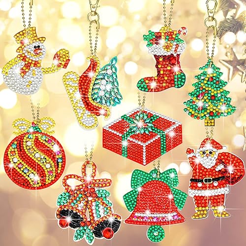 Hicarer 9 piezas de diamantes de Navidad 5D DIY pintura llaveros kits de adornos de diamantes de doble cara diamante DIY llavero arte colgante árbol
