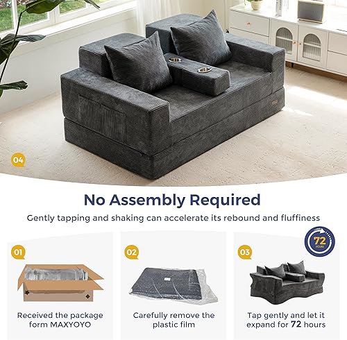 Miniatura 6 de MAXYOYO Sofá cama biplaza, sofá plegable 4 en 1, sofá de piso en una caja con 2 portavasos, sofá convertible sin hueso, silla reclinable plegable