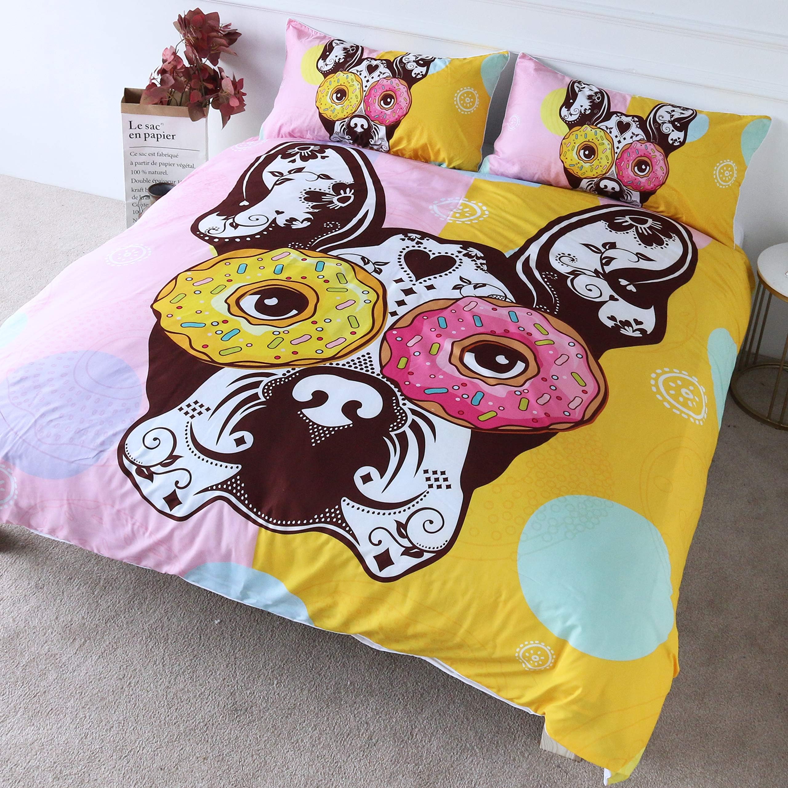 BlessLiving French Bulldog Doughnut Bedding Funny Pink and Yellow Duvet Cover 3 Pieces Kids Puppy Dog Donut Bedspread (Double)