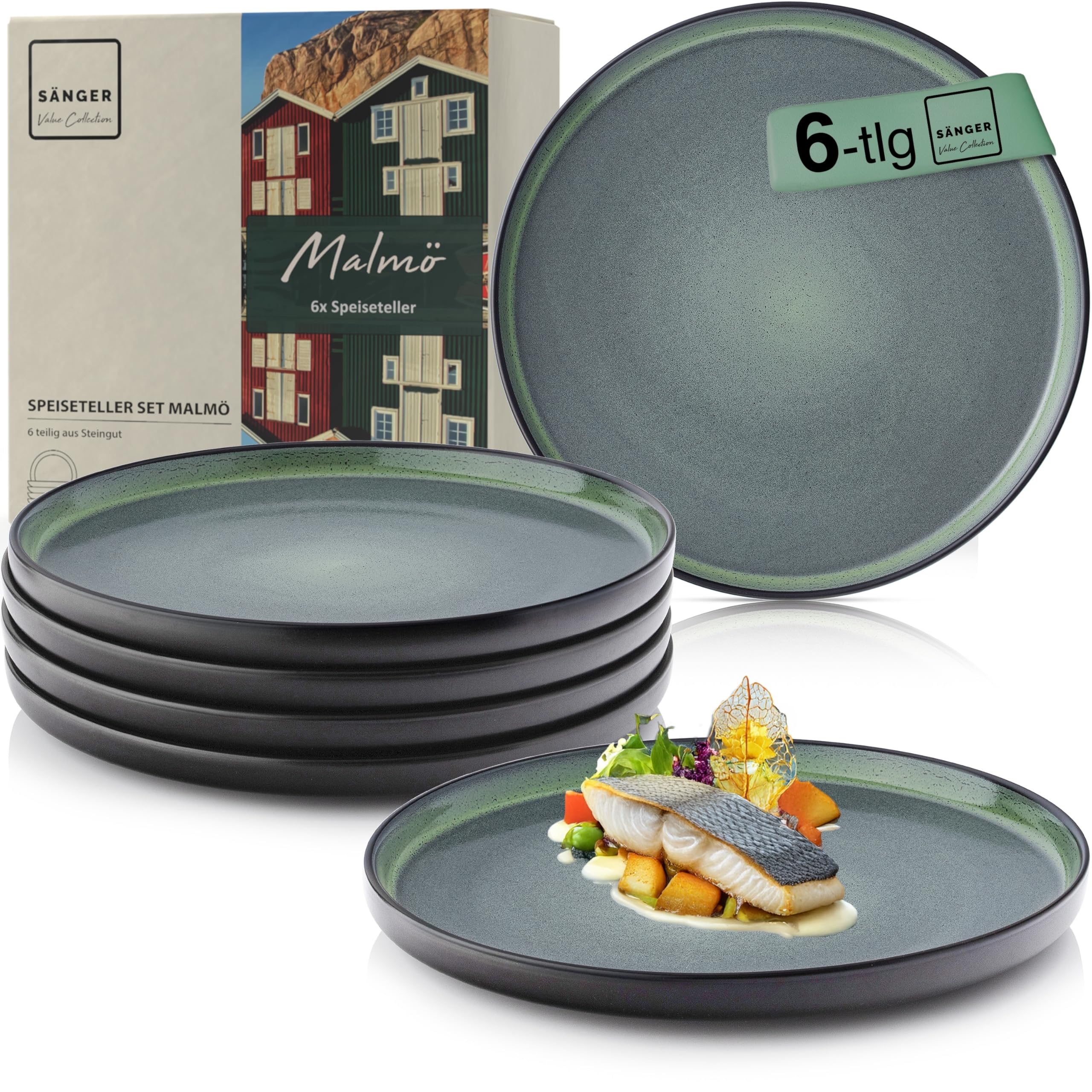 SÄNGER Malmö | Teller Set 6 Personen, Steingut Geschirr Set 6 teilig, Speiseteller Essteller Dinner Set kratzfest, Plates Set spülmaschinenfest, Speise Teller grün mit schwarzem Rand |VALUE COLLECTION