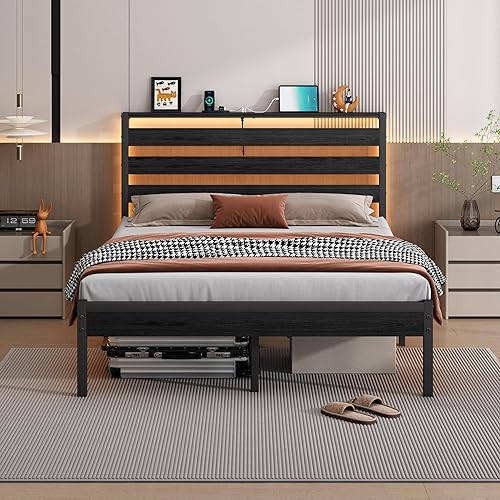 Base de cama Queen con estación de carga USB, marco de cama LED con cabecera de almacenamiento de madera, cama de plataforma de metal negro con