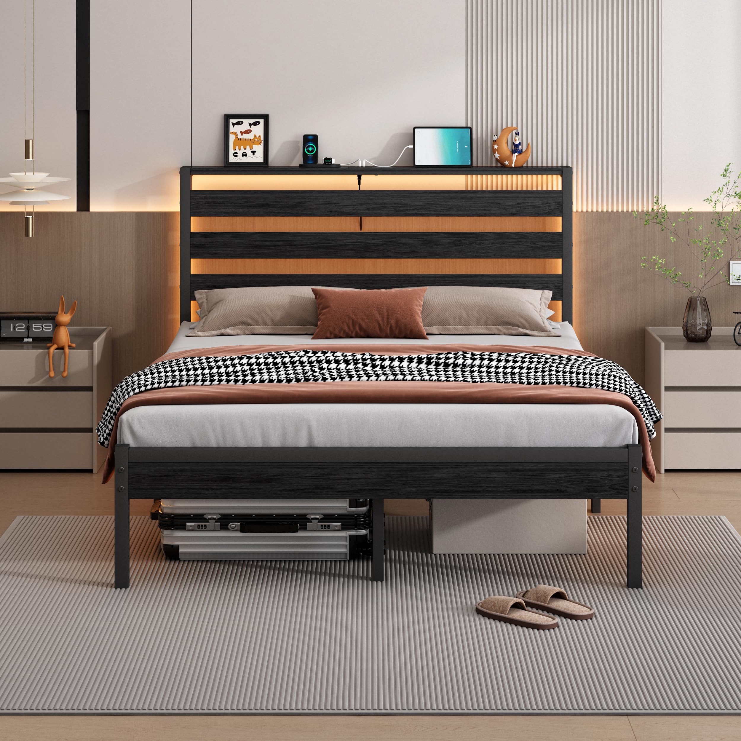 CLIBFENG 14 Inch Classic Metal Platform Bed Frame-Full Size Bed Frame with Headboard,Steel Slats Support-LED Bed Frame with USB Charging Station,Under