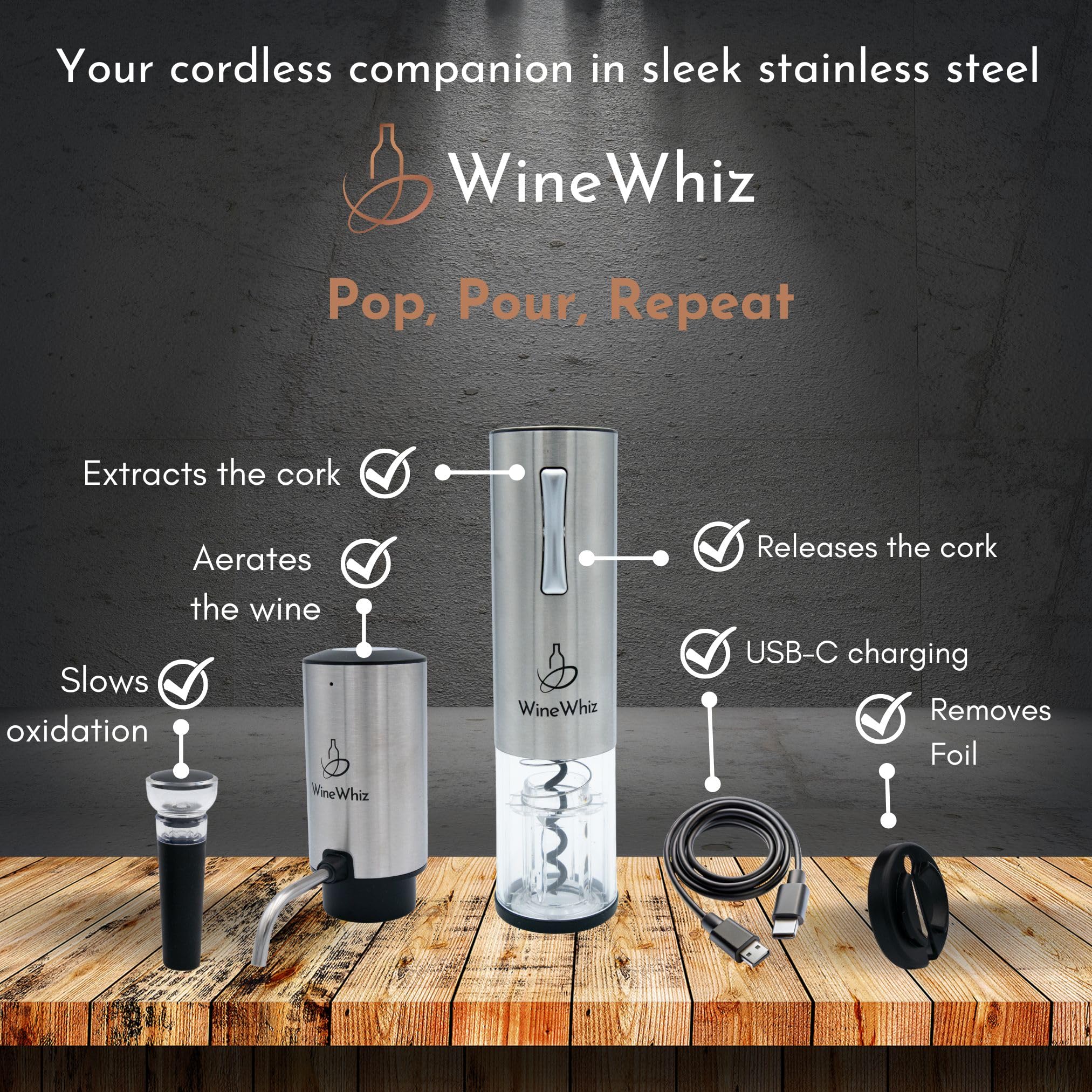 Juego de aireador y abridor de vino eléctrico con accesorios para vino (sacacorchos de acero inoxidable reciclable, dispensador, herramienta de corte de lámina, tapón), regalo para amantes 5